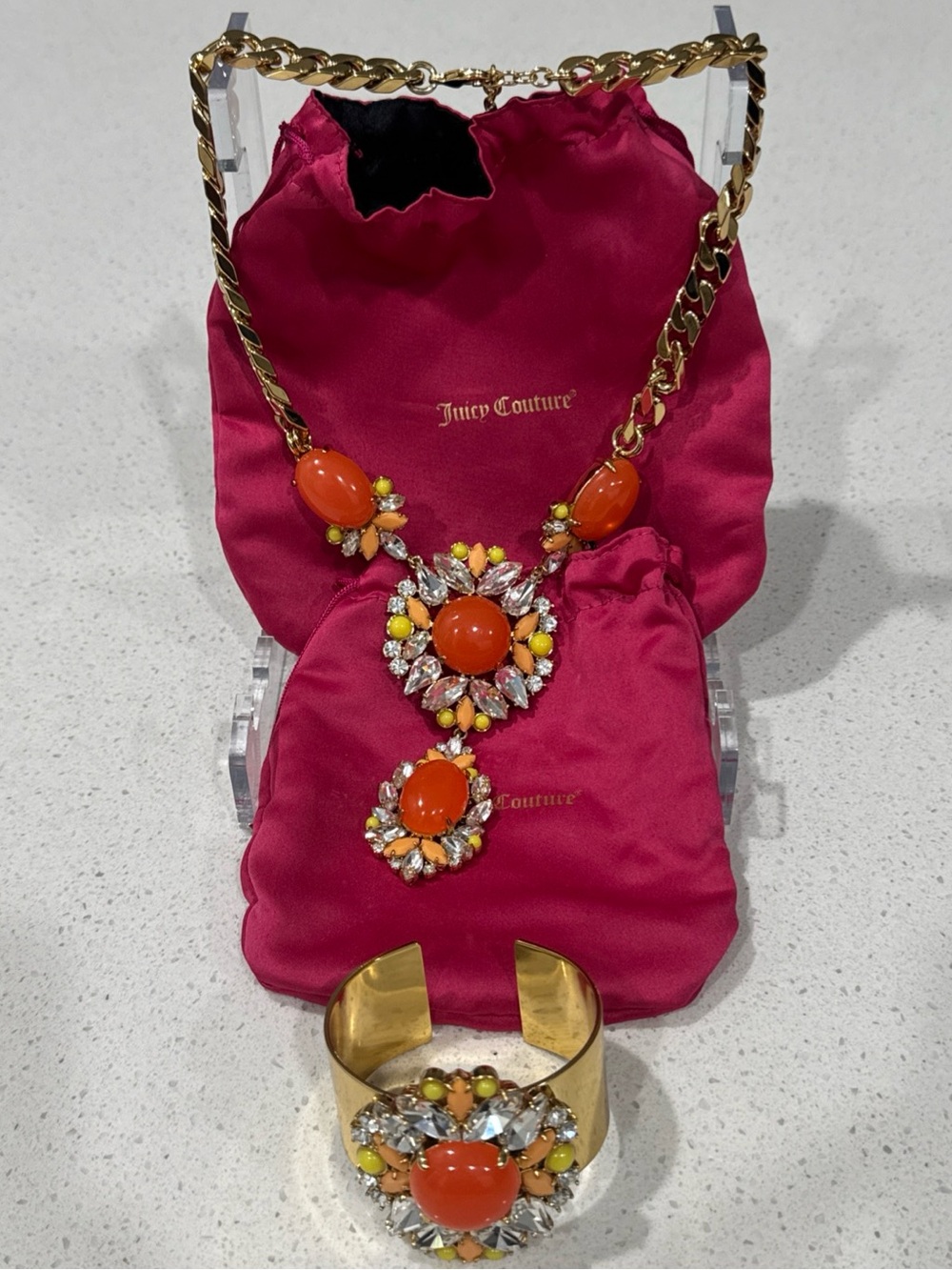 Juicy Couture Statement Necklace & Cuff Bracelet Set Coral Gold Tone Y2K Glam